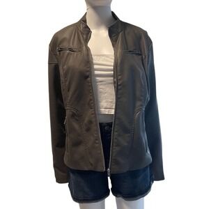 New York & Company Gray Faux Leather Jacket Large Moto Style Zipper Pockets Edgy